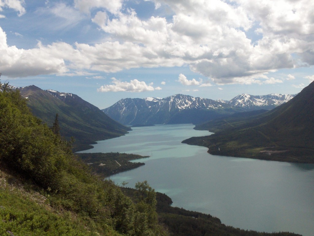 Kenai River in Alaska with big white clouds